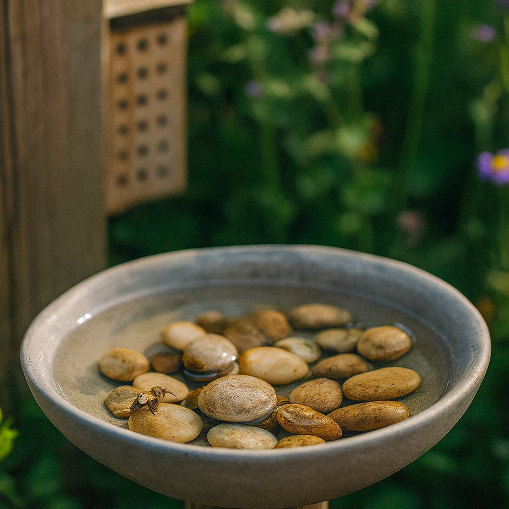 Schaaltje met water en kiezelstenen waar bijen veilig kunnen drinken, naast een bijenhotel in een groene tuin vol bloemen.