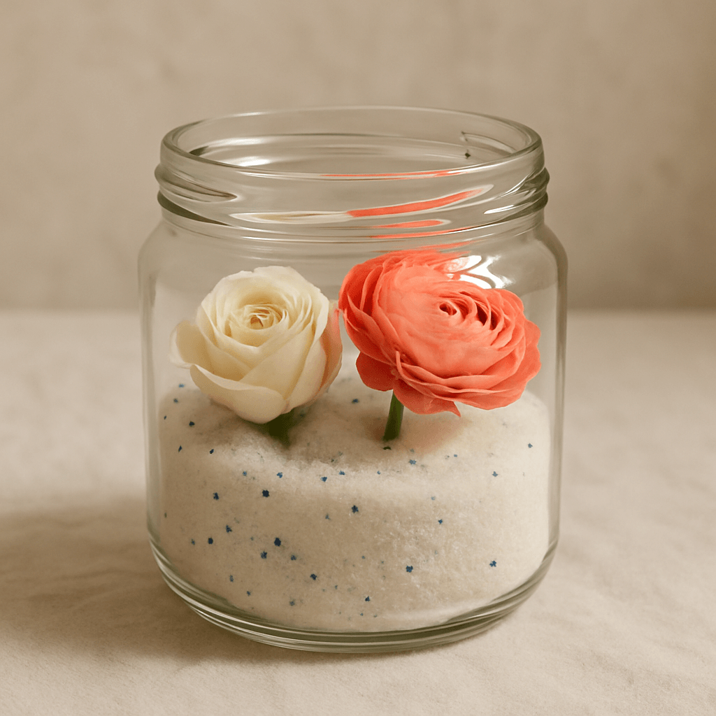 Twee bloemen, een witte en een zalmkleurige roos, staan in een pot met silicagel, een methode om bloemen te drogen waarbij kleur en vorm goed behouden blijven.