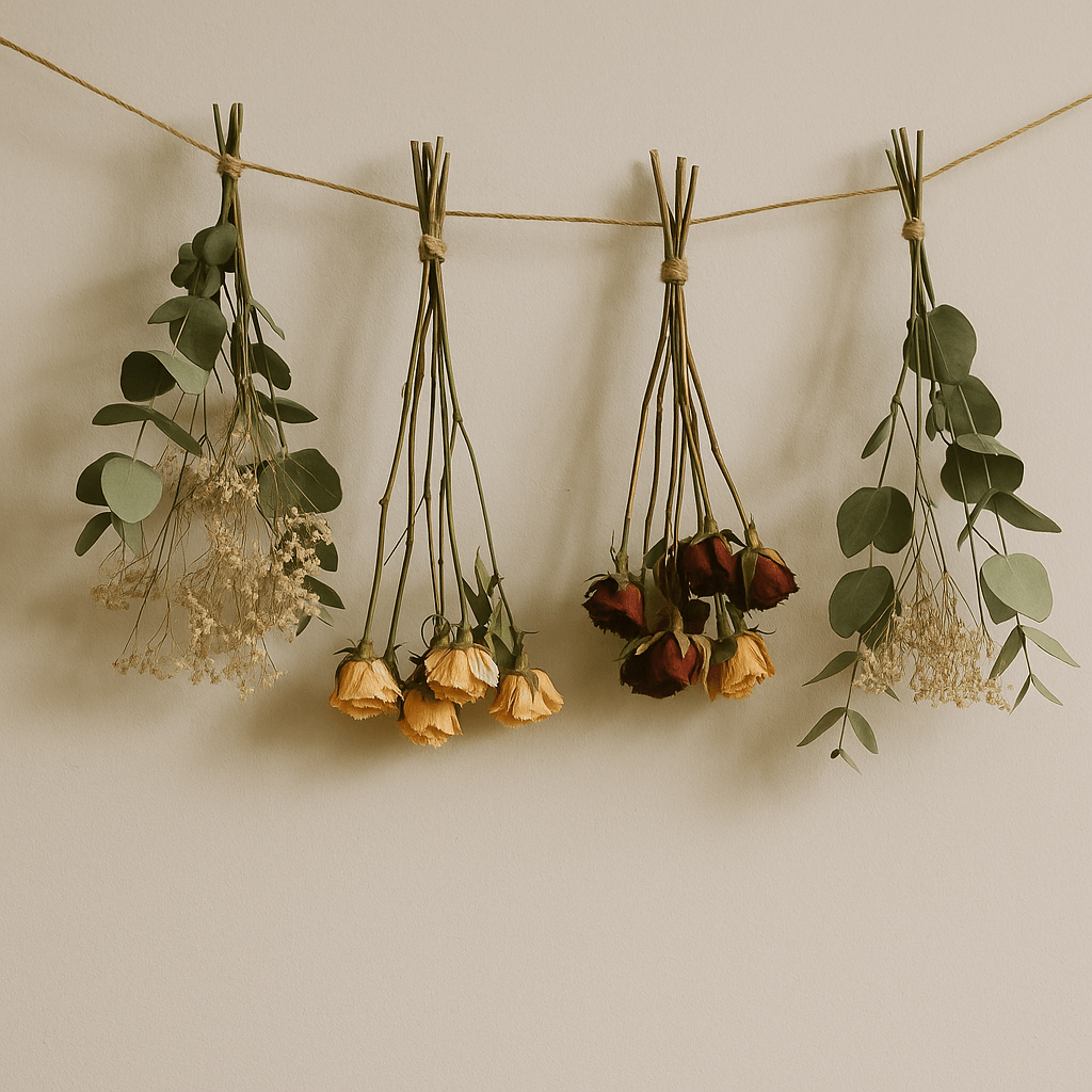 Gedroogde bloemen en eucalyptus hangen ondersteboven aan een touw, als voorbeeld van de klassieke luchtdroogmethode om bloemen te bewaren.