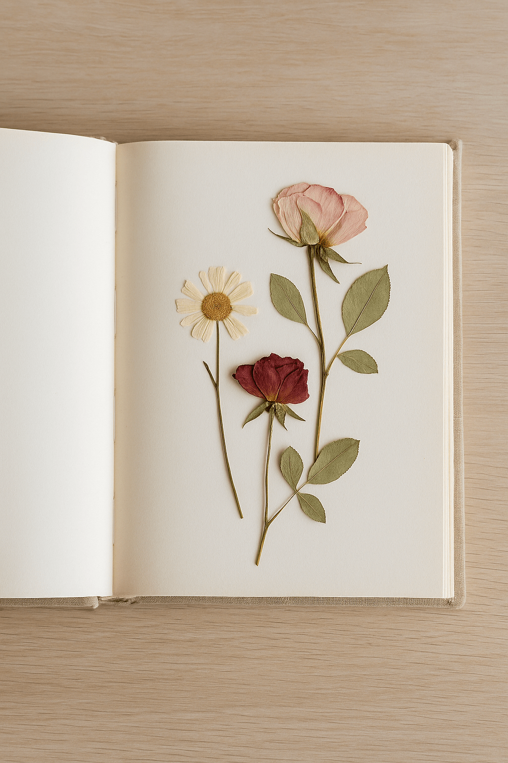 Geperste bloemen zoals roos, margriet en ranonkel liggen plat op papier, een subtiele en blijvende manier om herinneringsbloemen te bewaren.