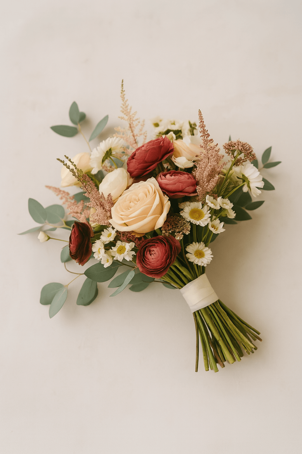 Fris bruidsboeket met rozen, ranonkels en madeliefjes, symbool voor bloemen die je zelf kunt drogen om je trouwdag blijvend te bewaren.