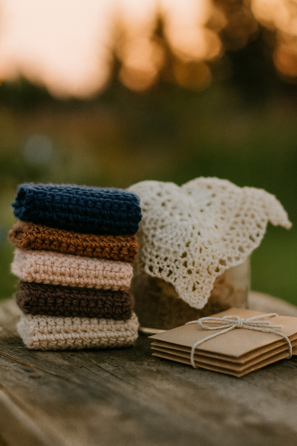 arme foto van handgemaakte cadeaus met haakwerk, kaartjes en droogbloemen op een houten tafel in zacht avondlicht, symbool voor de eerste creaties van Moonstork in 2014.