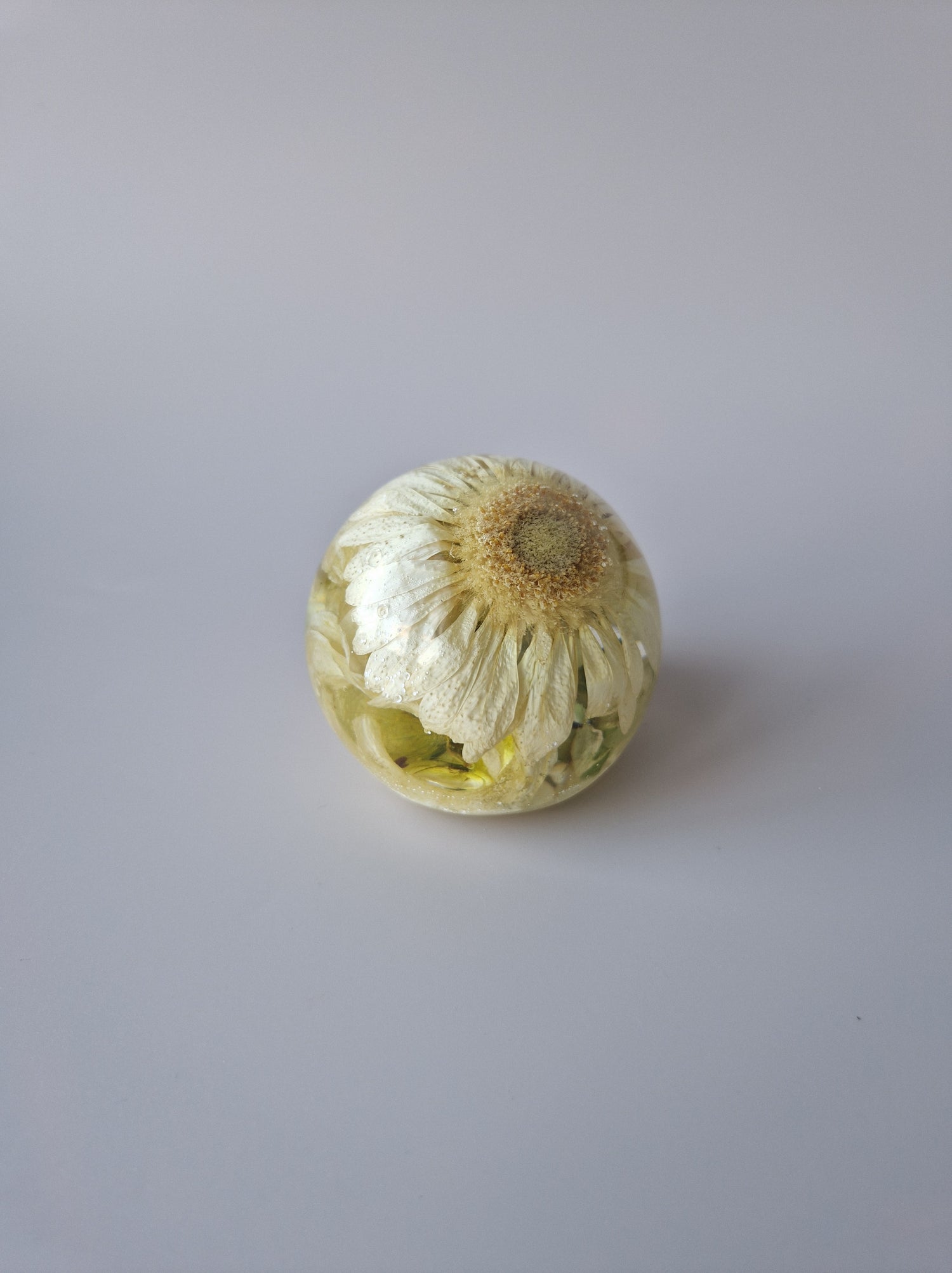 Flower Shower Bol Uitvaart met witte bloem, handgemaakt van epoxy om rouwbloemen en herinneringen te bewaren