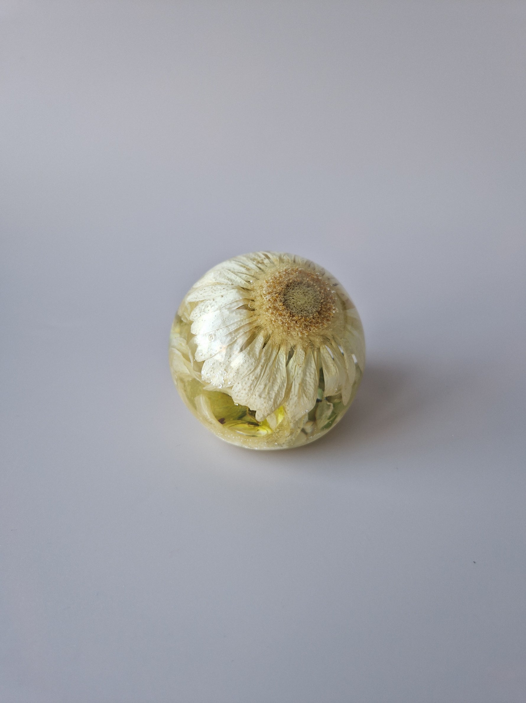 Flower Shower Bol Uitvaart met witte bloem, handgemaakt van epoxy om rouwbloemen en herinneringen te bewaren