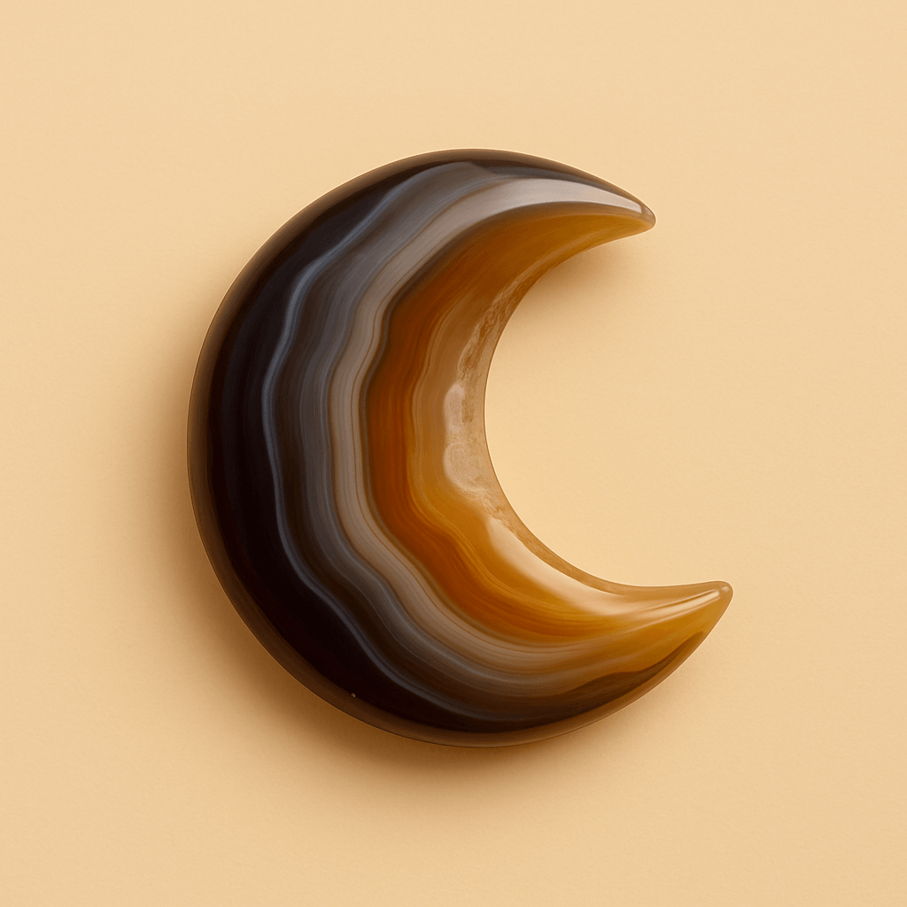Maanvormige agaatsteen in warme bruin-grijze tinten op beige achtergrond, symbool van natuurlijke luxe bij Moonstork