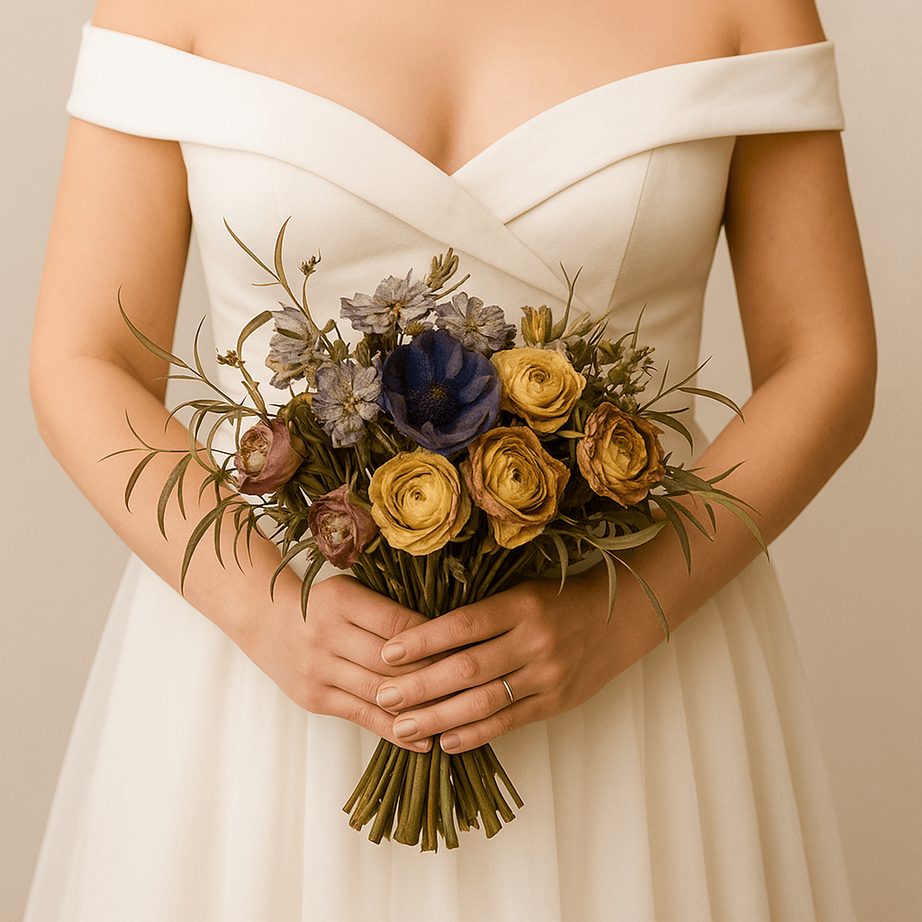 Bruid houdt een zelfgedroogd bruidsboeket vast waarvan de kleuren zijn vervaagd en de bloemen hun vorm verloren hebben, in contrast met een professioneel bewaard boeket van Moonstork.