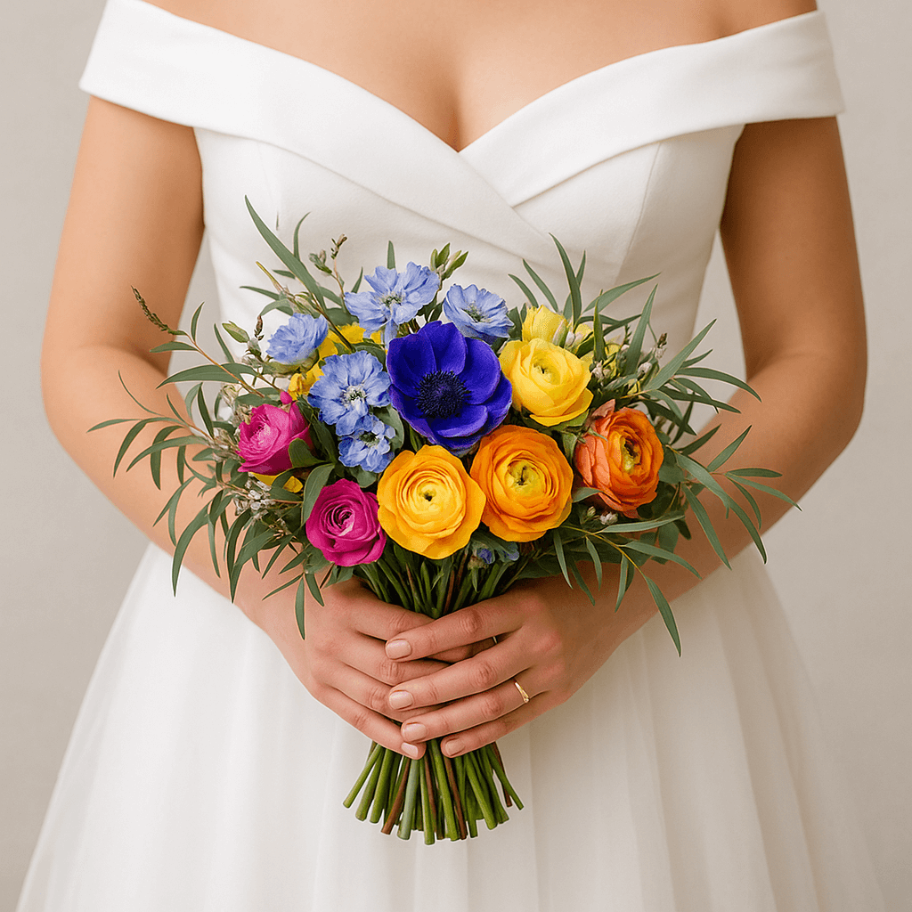 Bruid houdt haar verse bruidsboeket vast met kleurrijke bloemen in volle glans, klaar om professioneel te laten drogen en bewaren in een Flower Shower van Moonstork.