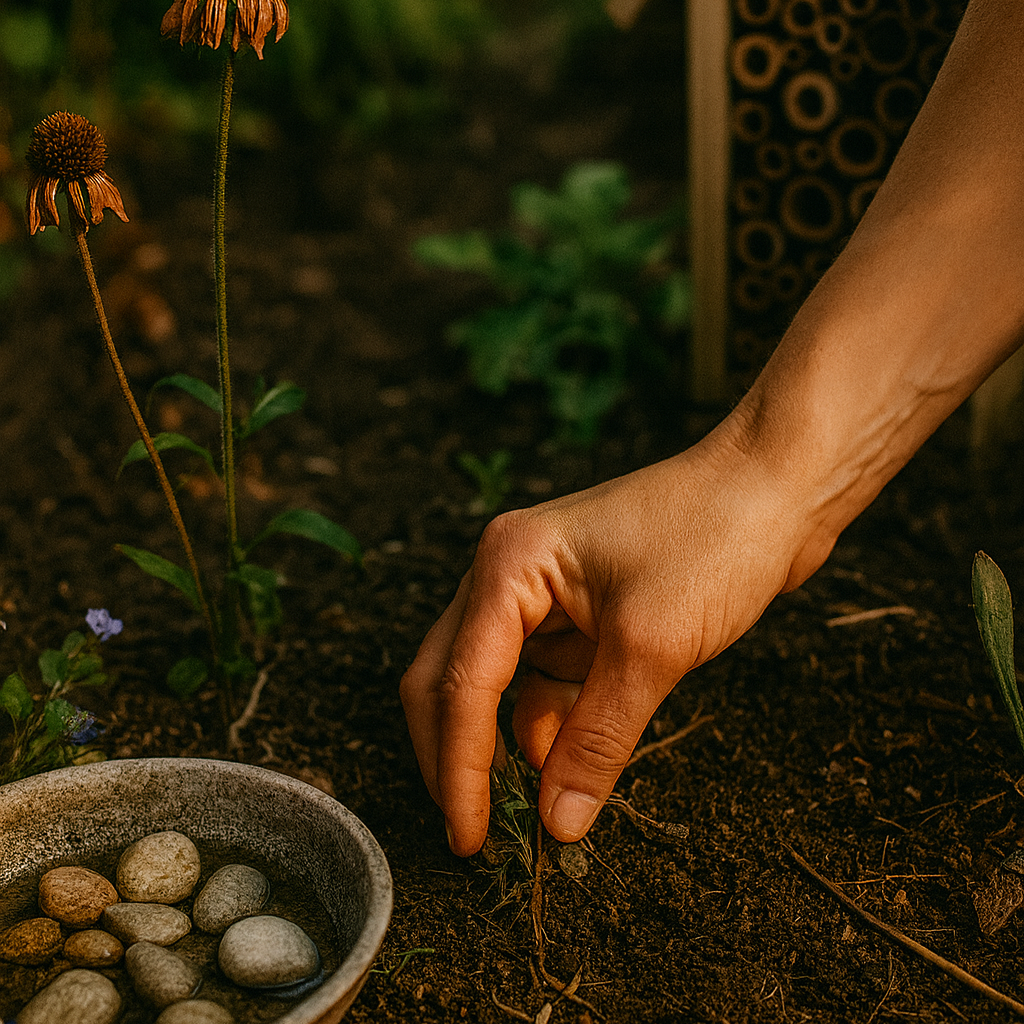 Hand verwijdert voorzichtig onkruid in een natuurlijke tuin naast een bijenhotel en een schaaltje met water en kiezelstenen, symbool voor tuinieren zonder pesticiden.