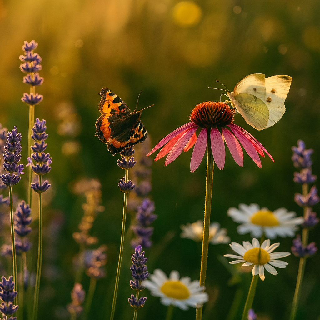 Zomertuin in warme avondzon met lavendel, zonnehoed, salvia en wilde marjolein in bloei, waar bijen en vlinders tussen de bloemen vliegen in een rustige natuurlijke sfeer.