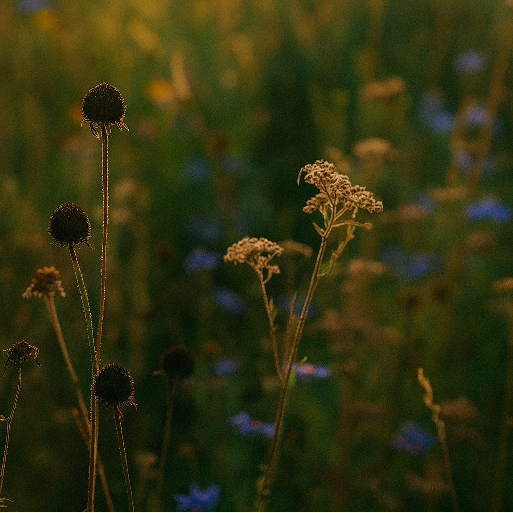 Uitgebloeide bloemen in een natuurlijke tuin bij zacht avondlicht, met zaadhoofden en stengels die voedsel en schuilplek bieden aan bijen en vlinders.